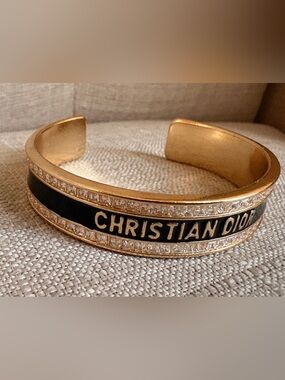 Dior Black and Gold Christian Dior Logo Cuff Bracelet